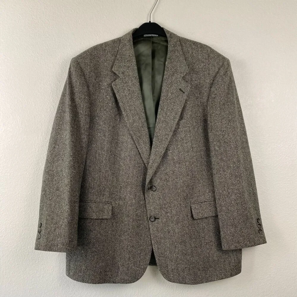 John Alexander Men’s Gray Tweed‎ Herringbone Wool Sport Coat Blazer Jacket 46R